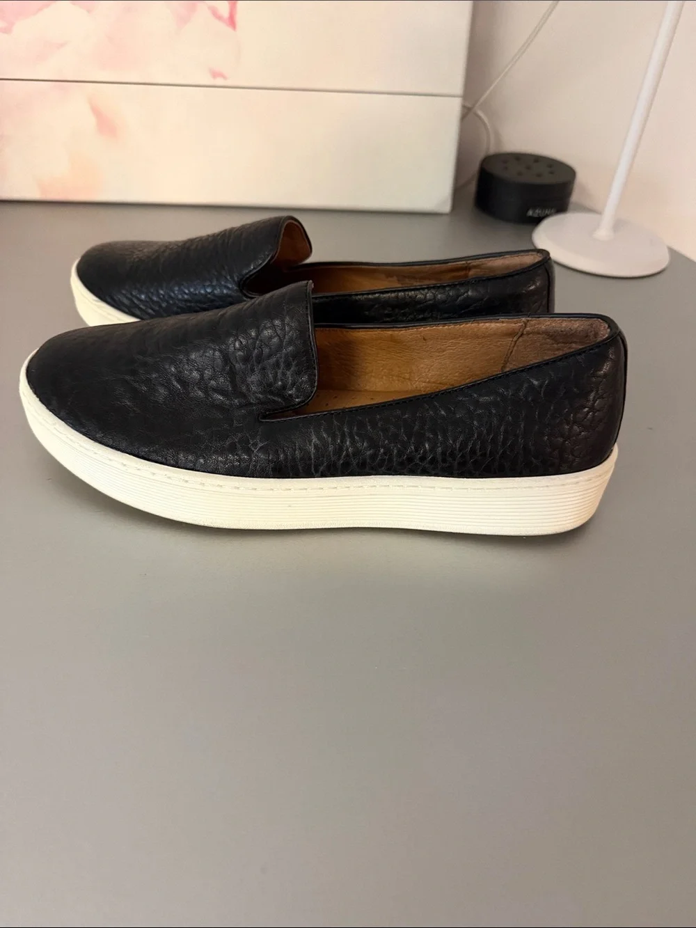 Sofft Black Textured Leather Slip-On Sneakers with White Sole Size 9